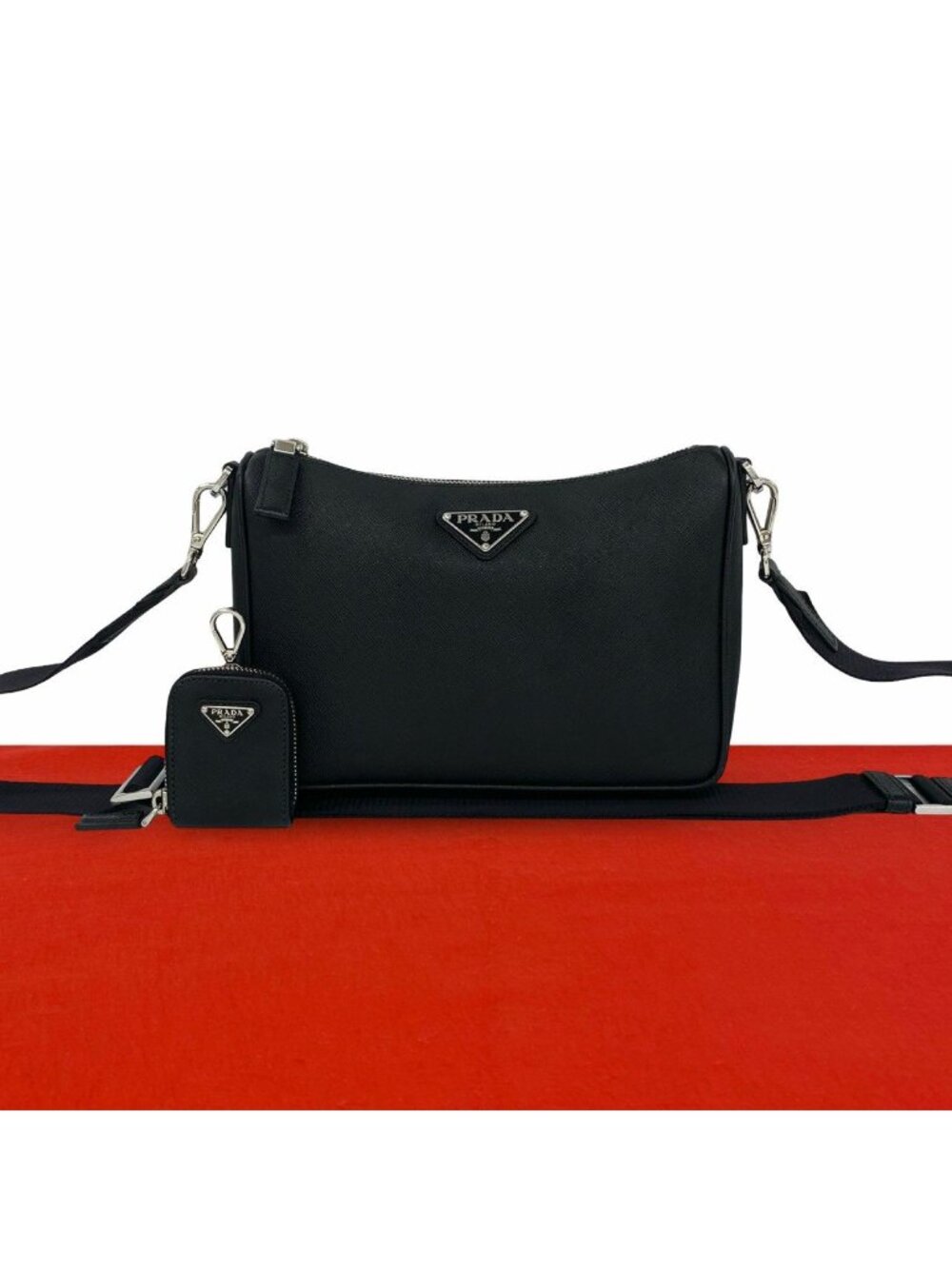 Prada Triangle Logo Plate Saffiano Leather Shoulder Bag Pochette Black